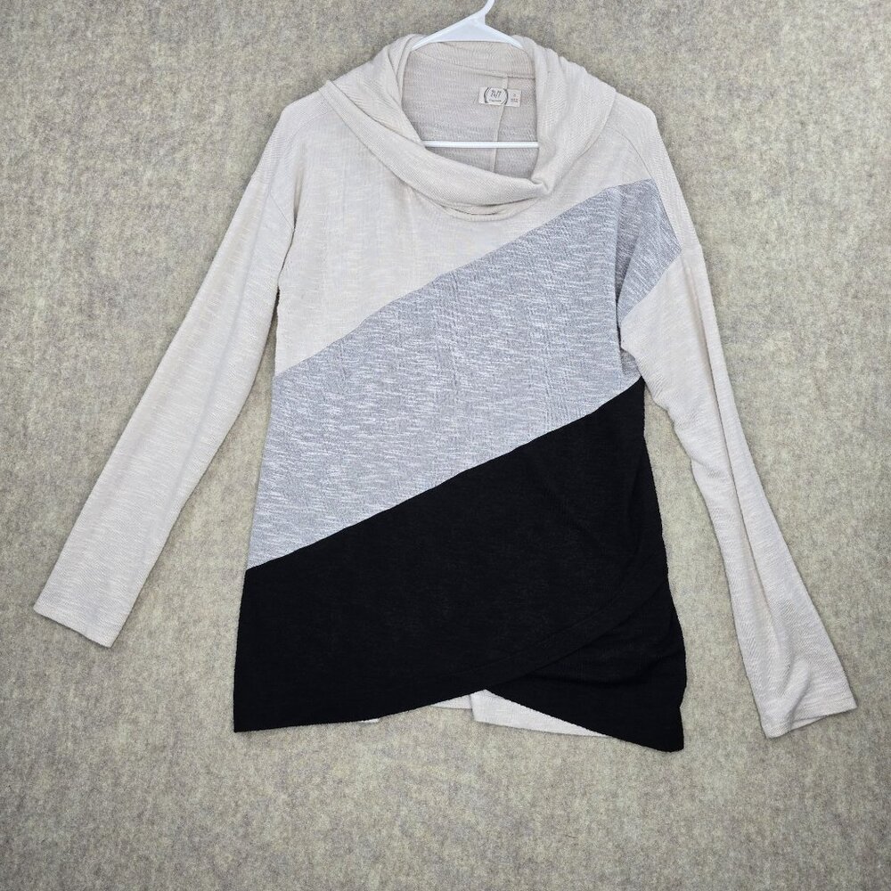 Maurices Womens Colorblock Cowl Neck Long Sleeve Asymmetrical Top Tan/Gray/Black